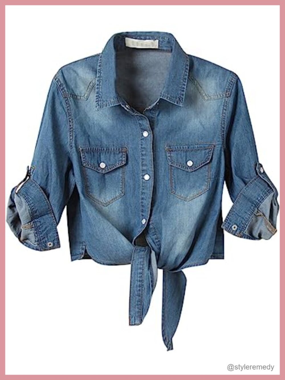 Modern Denim Button Front Tie Crop Top Chambray Shirt